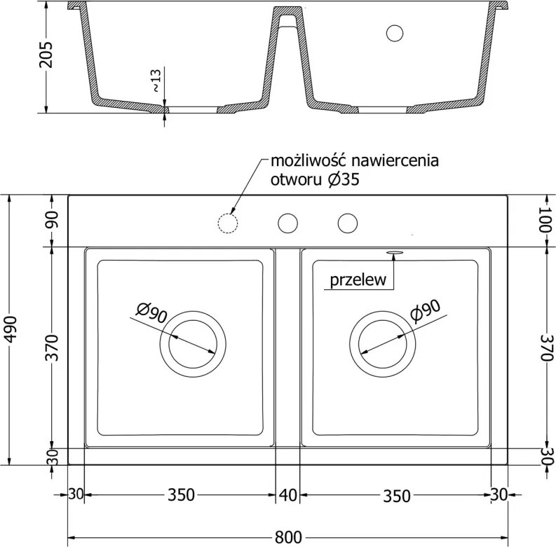 Mexen Hektor гранитна мивка с 2 камери 800 x 480 мм, бежова, хромиран сифон - 6521802000-69