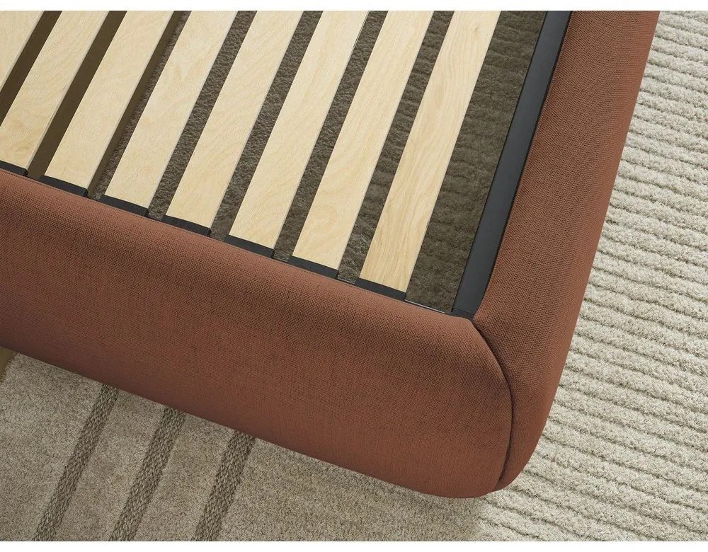 Оранжево тапицирано двойно легло без табла с място за съхранение и включена подматрачна рамка 180x200 cm Inera – Bobochic Paris