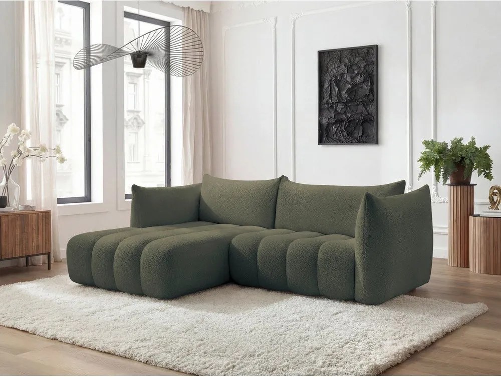 Зелен ъглов диван от прежда с примки от букле (ляв ъгъл) Azra – Bobochic Paris