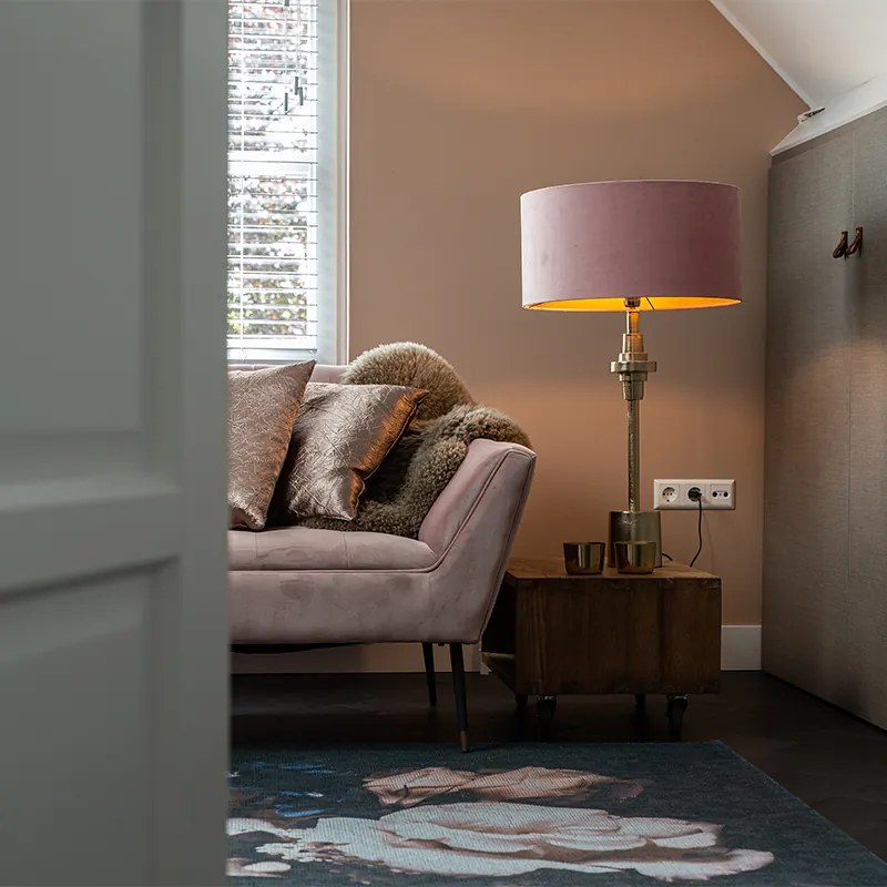 Арт Деко настолна лампа златен кадифен абажур розов 50 см - Diverso