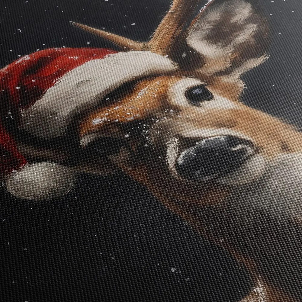 Картина на платно – Сладък елен с коледна шапка