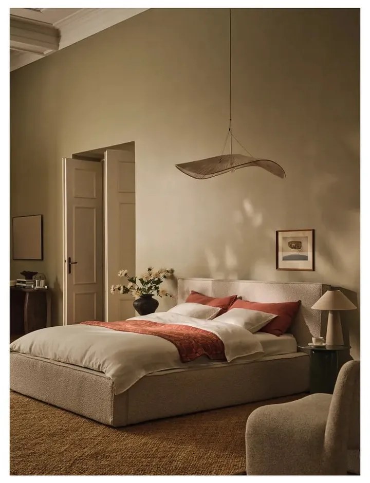 Кремаво двойно легло 200x200 cm тапицирано с място за съхранение с включена подматрачна рамка Simon Olivia – Micadoni