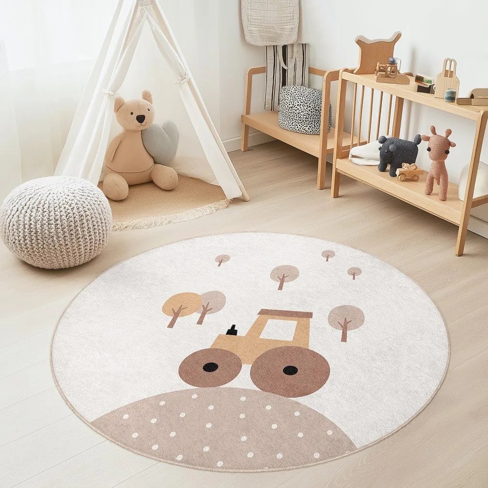 Бежов детски килим подходящ за пране ø120 cm Tractor World – Mila Home