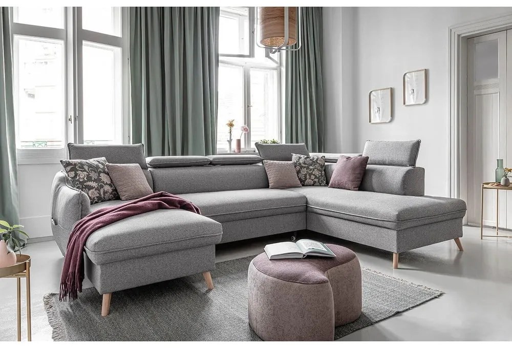 Светлосив U-образен разтегателен диван, десен ъгъл Sweet Harmony - Miuform