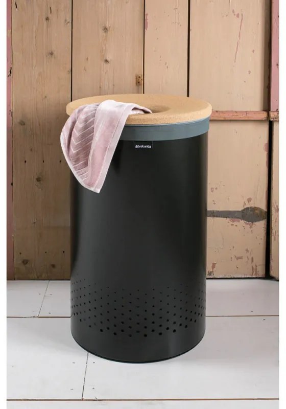 Кош за пране Brabantia 1000826, 60 л, Корков капак, Пълнене без отваряне, Вентилационни отвори, Черен