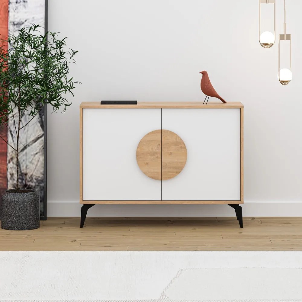 Нисък скрин с дъбов декор в бял и естествен цвят 110x82 cm Vae - Marckeric