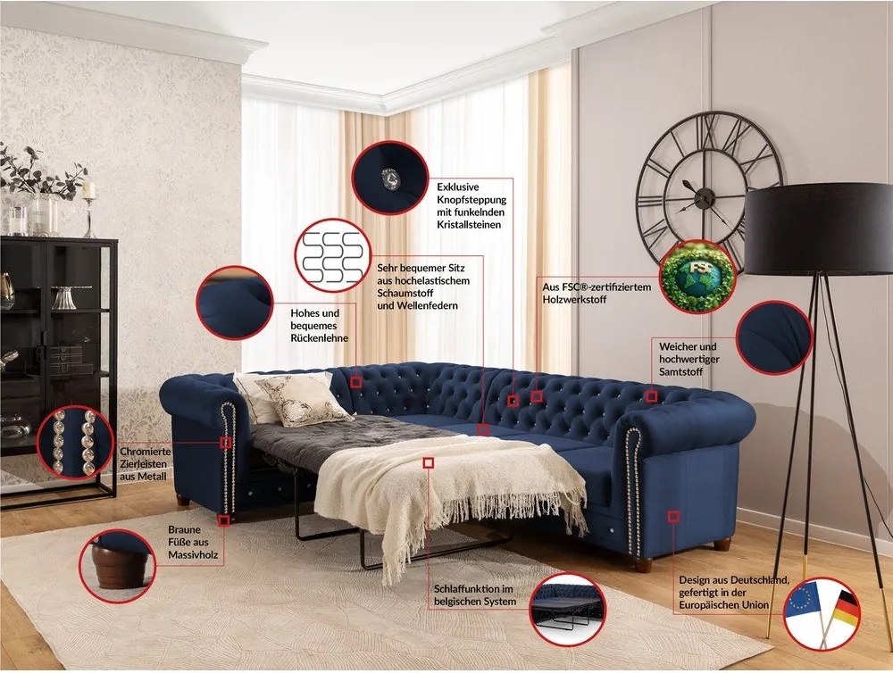 Син кадифен разтегателен ъглов диван (ляв ъгъл L форма) York Blik – Ropez