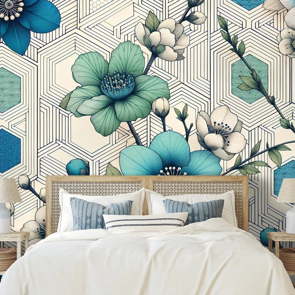 Тапет – Сини цветя с геометричен фон