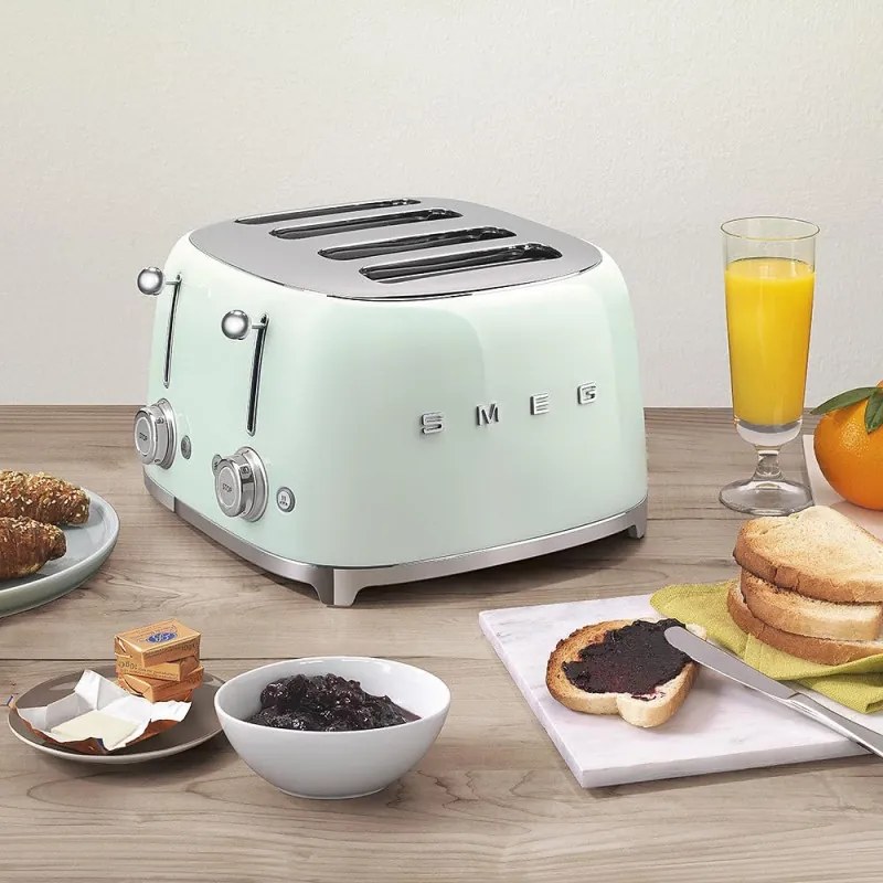 Тостер за хляб SMEG 50's Style TSF03PGEU, 2000W, 4 филии, 6 нива, Тавичка за трохи, Вграден кабел, Неръждаема стомана, Зелен