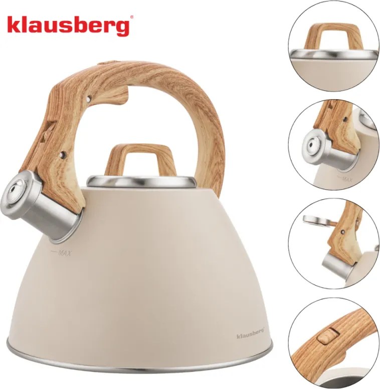 Свирещ чайник Klausberg KB 7954, 2.5 л, Неръждаема стомана, Топлоизолирана дръжка с дървесен ефект, Индукция, Бежов/кафяв