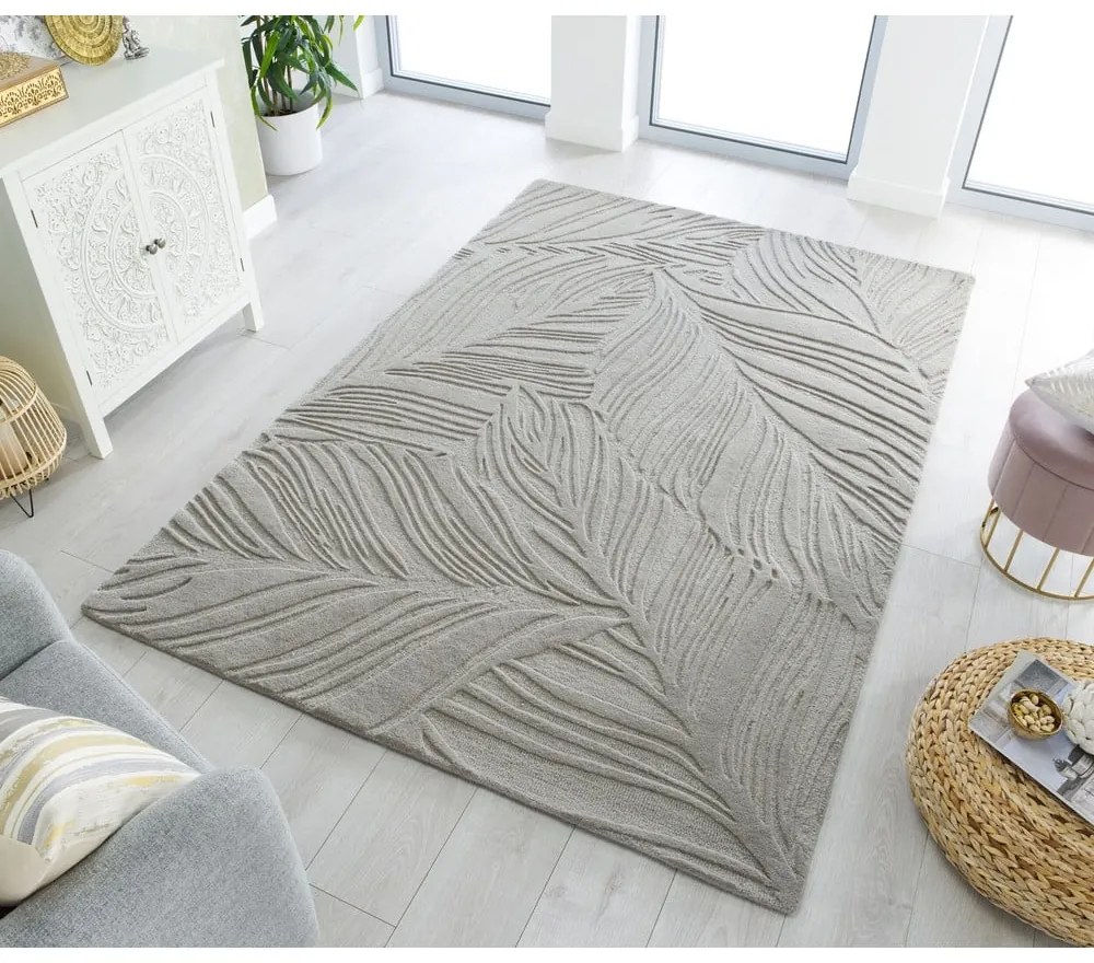 Светлосив вълнен килим 200x290 cm Lino Leaf - Flair Rugs