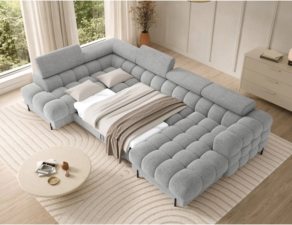 Сив разтегателен ъглов диван от букле (ляв ъгъл U форма) Feraria – ELTAP