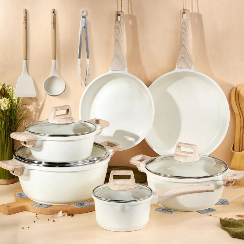 Разопакован: Комплект тенджери и тигани Just Perfecto JL-28, 15 ч, Отливка, Мраморно покритие, Индукция, Аксесоари, Бежов