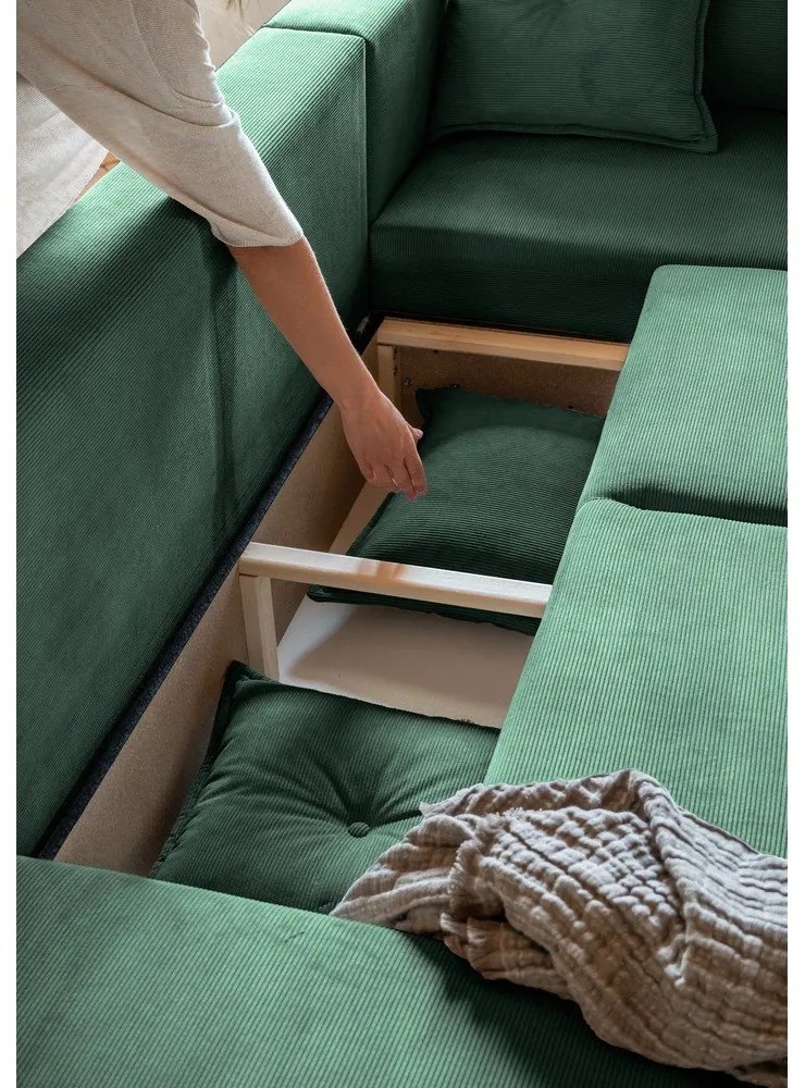 Зелен ъглов диван от велур (десен ъгъл/U-образна форма) Lazy Lukka - Miuform