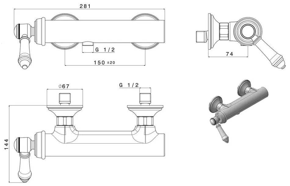 Стенна душ батерия в лъскаво-сребрист цвят (1 изход) Vienna – Sapho