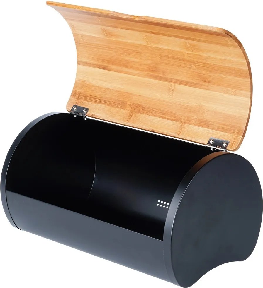 Кутия за хляб от метал и бамбук, здрава конструкция, черен цвят, 38x24x20см