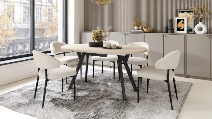 АЛMО Бежово/черни крака - КРЪГЛА РАЗТЕГАТЕЛНА МАСА С Y-ОБРАЗНИ КРАКА В ЛОФТ/ИНДУСТРИАЛЕН СТИЛ ЗА ХОЛ ИЛИ ТРАПЕЗАРИЯ