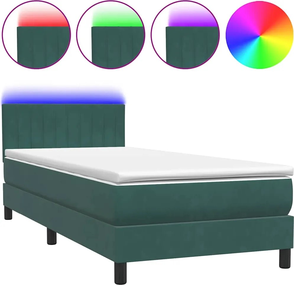 3317100 vidaXL Боксспринг легло с матрак и LED, тъмнозелено, 80x220 см, кадифе
