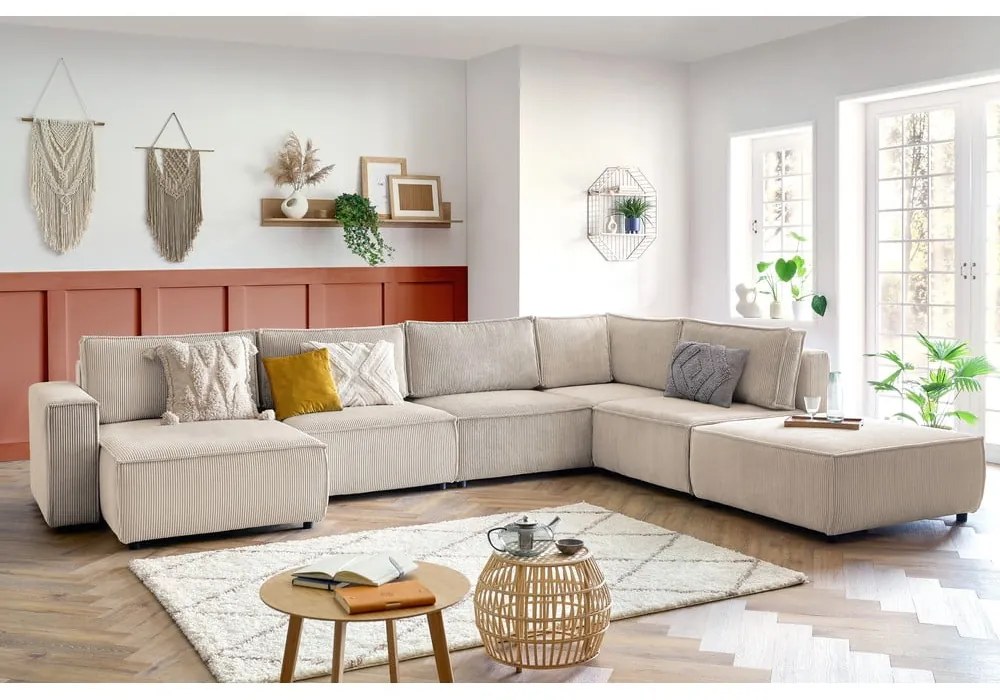 Кремав ъглов U-образен диван от велур, десен ъгъл Nihad modular - Bobochic Paris