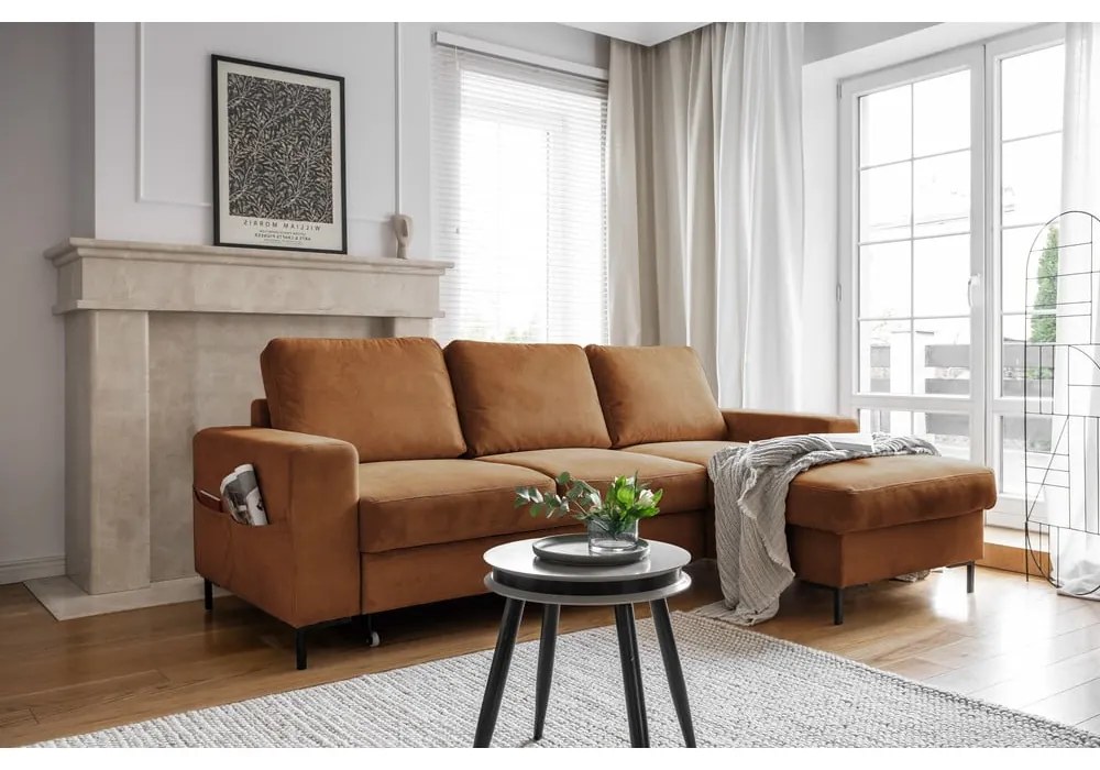 Оранжево-кафяв разтегателен ъглов диван от рипсено кадифе (десен ъгъл) Lofty Lilly – Miuform