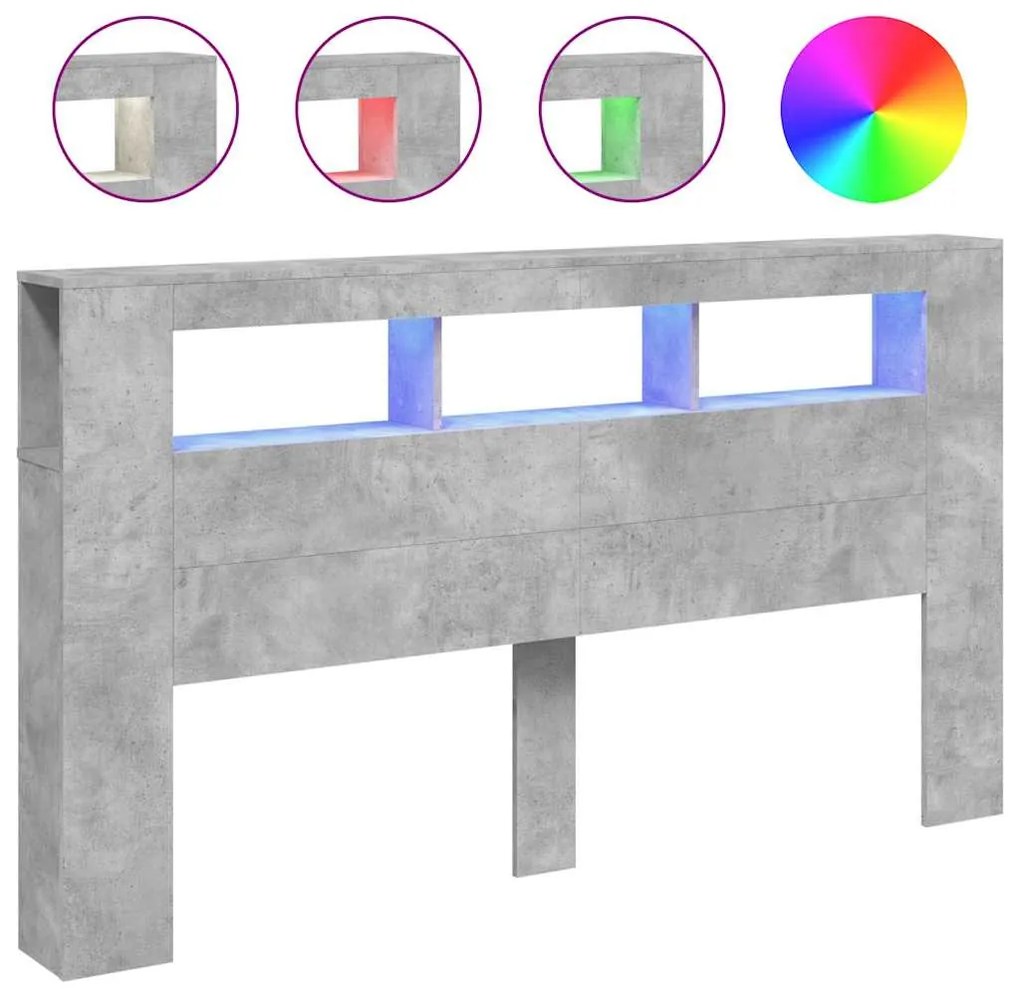 837361 vidaXL LED горна табла, бетонно сива,180x18,5x103,5см, инженерно дърво