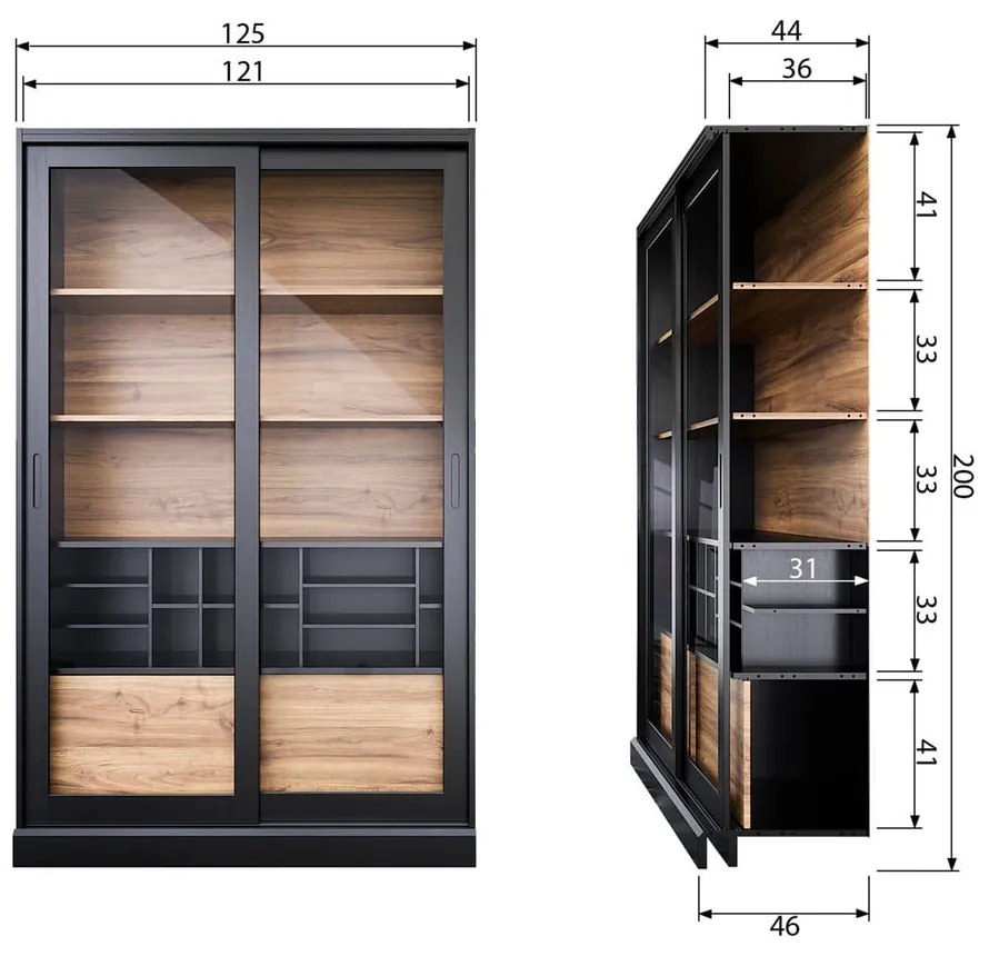 Витрина от масивен бор с плъзгащи се врати в черен и естествен цвят 125x200 cm James – WOOOD