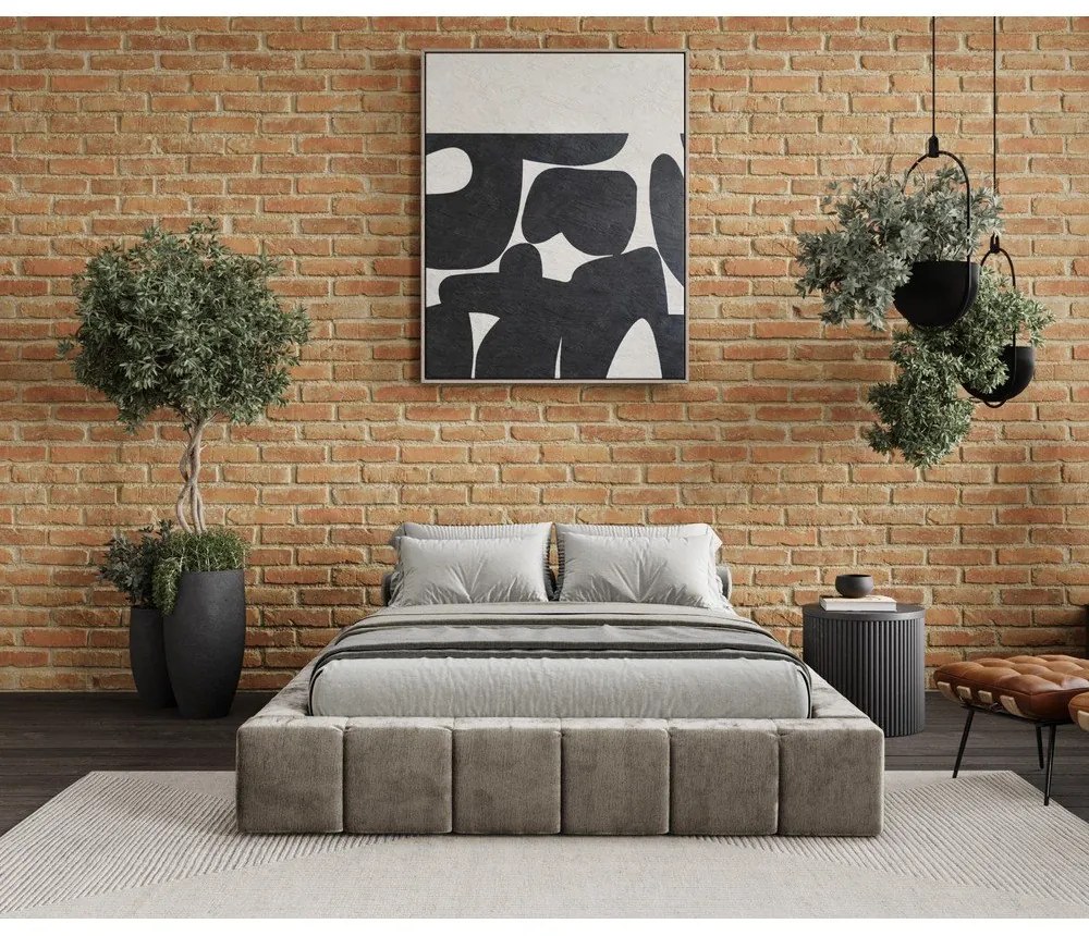 Бежово тапицирано двойно легло с място за съхранение с включена подматрачна рамка 160x200 cm Aruba L – Maison de Rêve