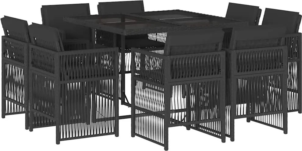 3211015 vidaXL Градински трапезен комплект възглавници 9 части черен полиратан