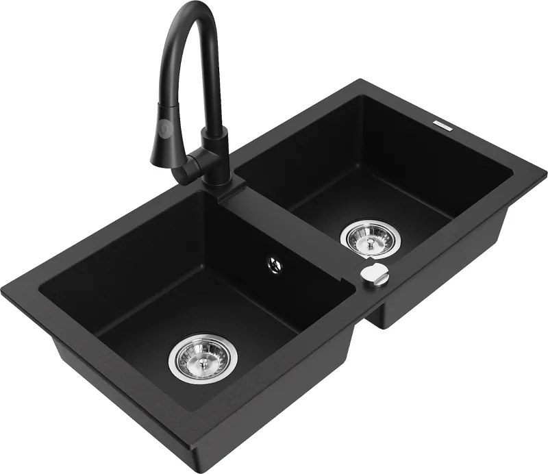 Mexen Mario гранитна мивка с 2 камери с кухненски смесител Elia, черен - 6504-77-670101-70