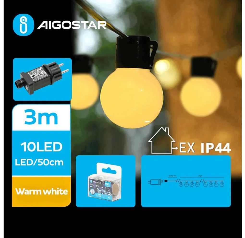 Aigostar - LED външен декоративен гирлянд 10xLED/3m IP44 топла бяла