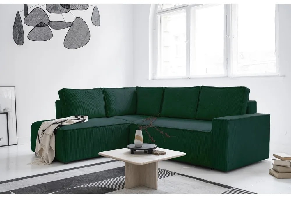 Тъмнозелен разтегателен ъглов диван от рипсено кадифе (ляв ъгъл) Brave Dave – Miuform