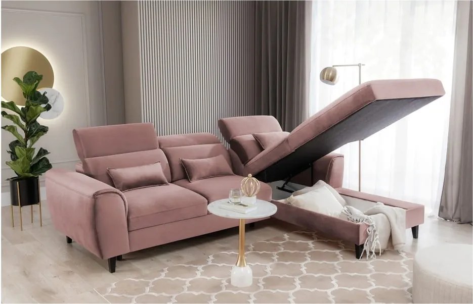 Розов кадифен разтегателен ъглов диван с място за съхранение (десен ъгъл) Foble – ELTAP