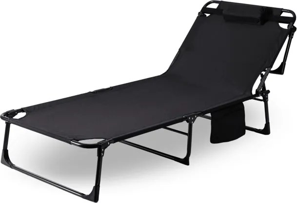 Черно туристическо легло, къмпинг шезлонг 180 см с възглавница и облегалка за глава