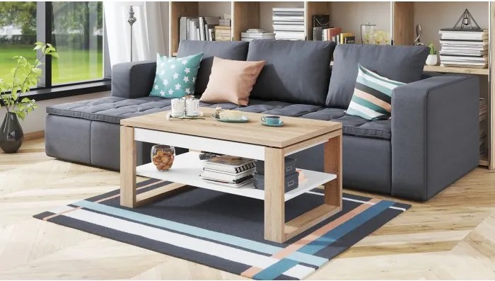 НУО Дъб Сонома/Бял мат -МОДЕРНА ХОЛНА МАСА С ПОВДИГАЩ СЕ ПЛОТ