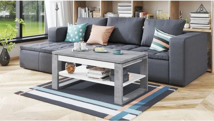 НУО Бетон Милениум/Бял мат -МОДЕРНА ХОЛНА МАСА С ПОВДИГАЩ СЕ ПЛОТ