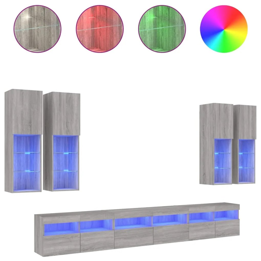 3216783 vidaXL Комплект ТВ стенни шкафове, 7 части, с LED светлини, сив сонома