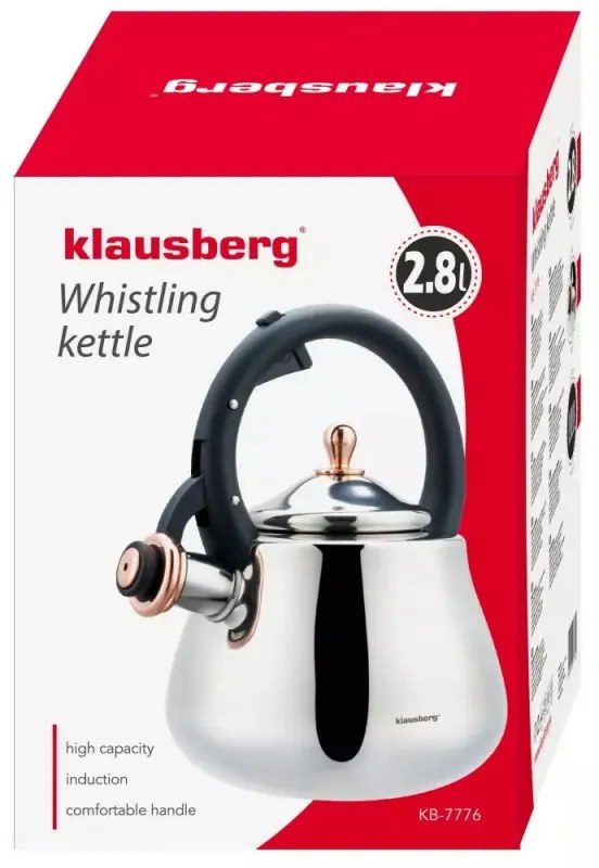 Свирещ чайник Klausberg KB 7776, 2.8 л, Индукция, Топлоизолирана дръжка, Инокс/розово злато