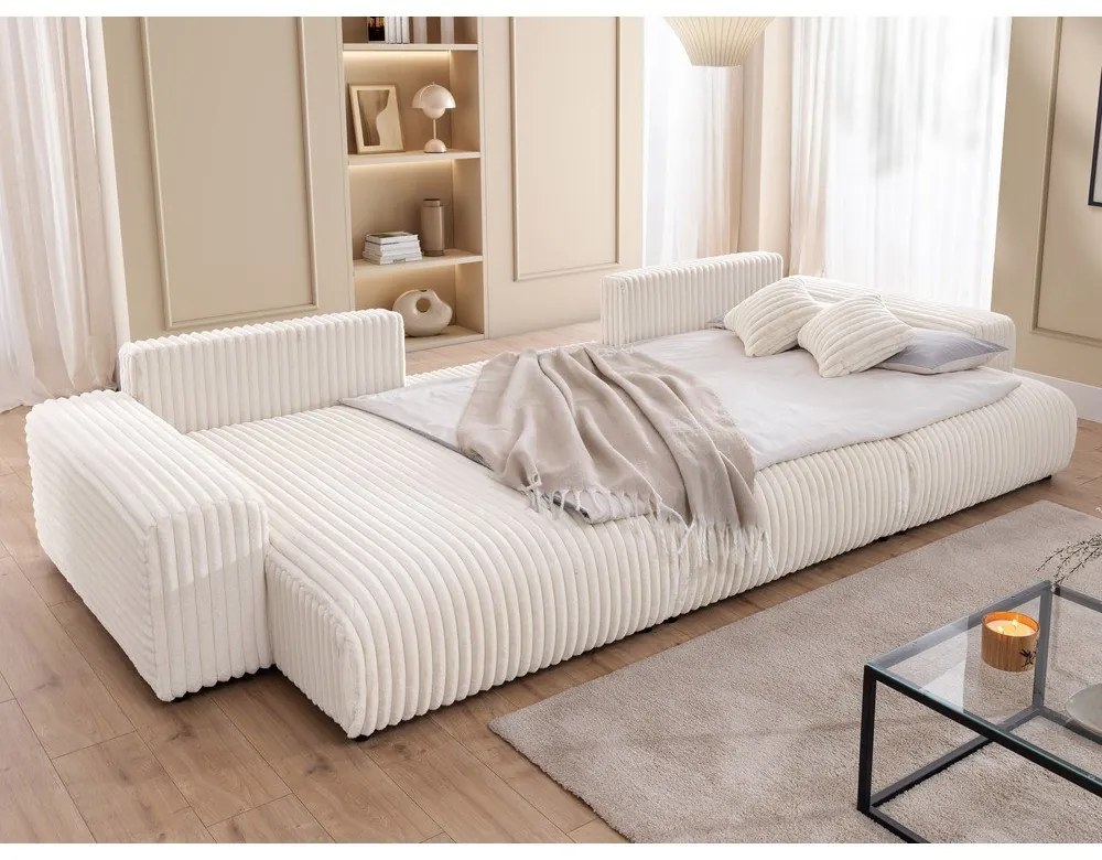 Кремав разтегателен ъглов диван с място за съхранение от рипсено кадифе (U форма) Sarina – Ropez