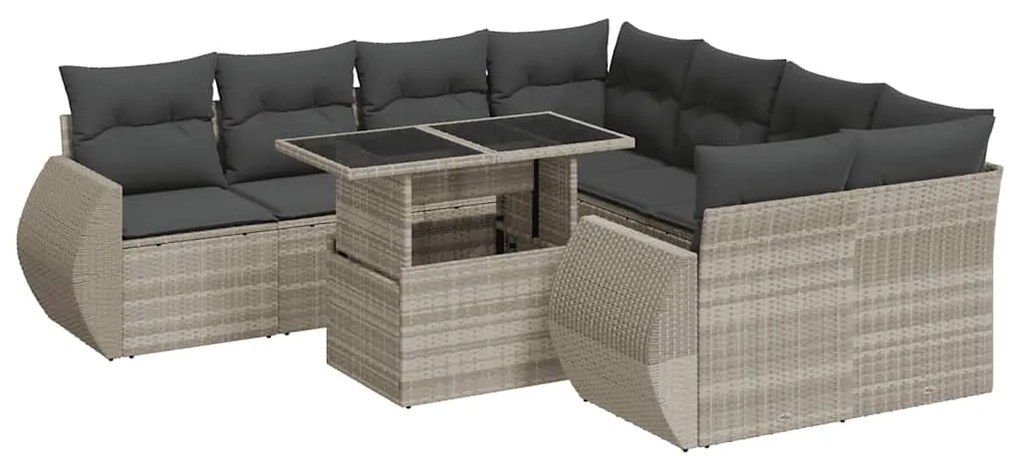 3326613 vidaXL Градински комплект с възглавници, 9 части, светлосив полиратан