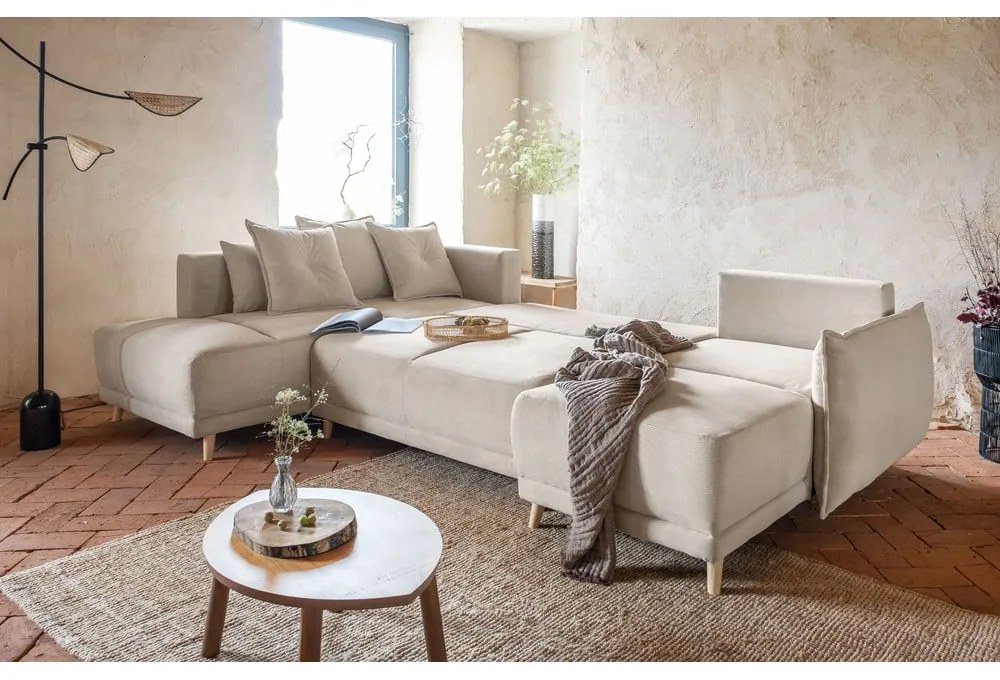 Бежов ъглов диван от велур (ляв ъгъл/"U") Lazy Lukka - Miuform