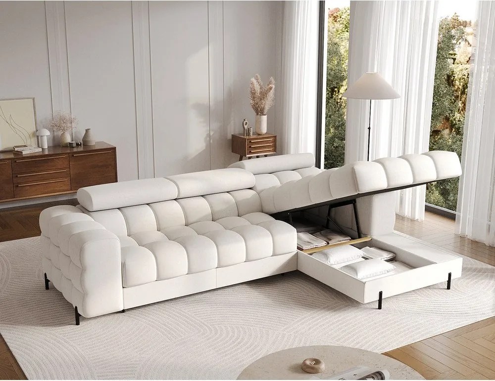 Кремав разтегателен ъглов диван с място за съхранение от букле (десен ъгъл) Felro – ELTAP