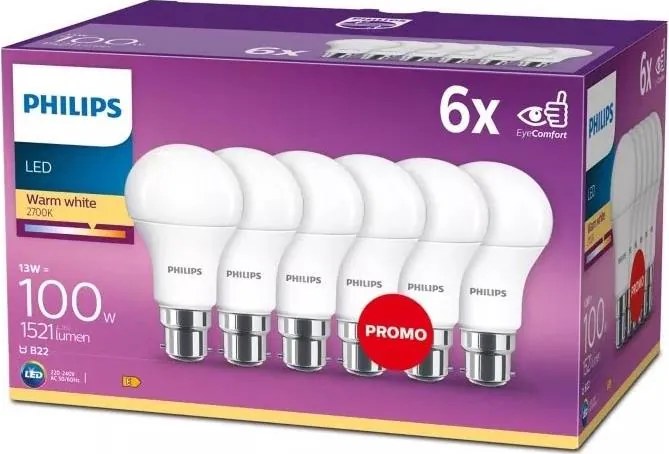 КОМПЛЕКТ 6x LED крушки Philips A60 B22/13W/230V 2700K