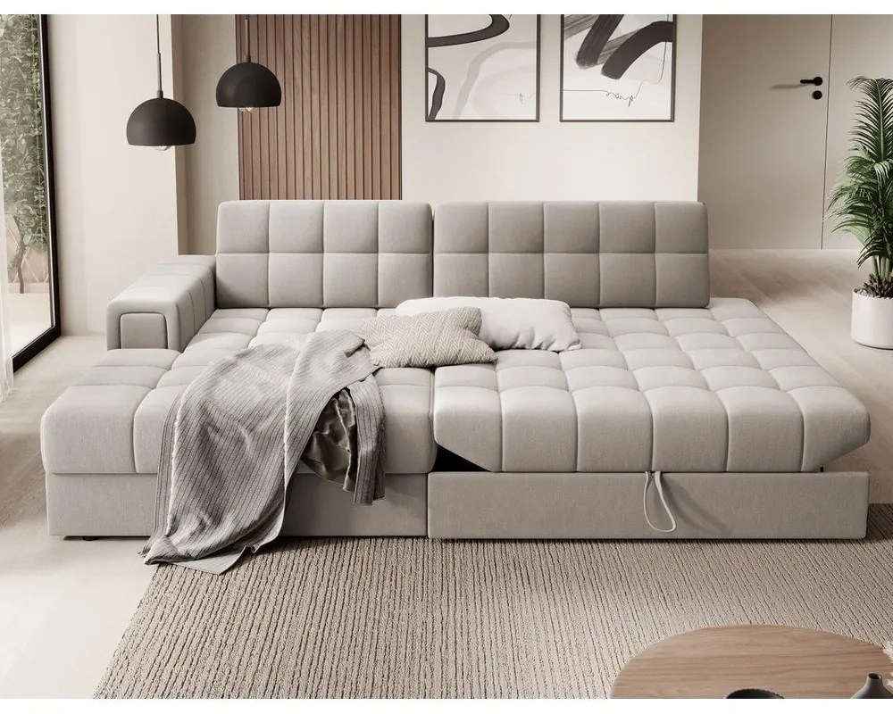 Бежов кадифен разтегателен ъглов диван (ляв ъгъл) Blezalt – ELTAP