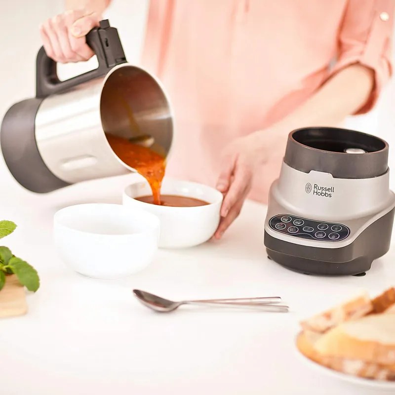 Блендер за супа с нагревател Russell Hobbs Soup & Blend 21480-56, 1200W, 1.75L, 8 програми, Звук, Поддържане на топлина, Черен/инокс