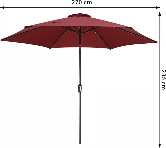 Градински LED соларен алуминиев чадър Miami - 270 см, червен, UV 80+
