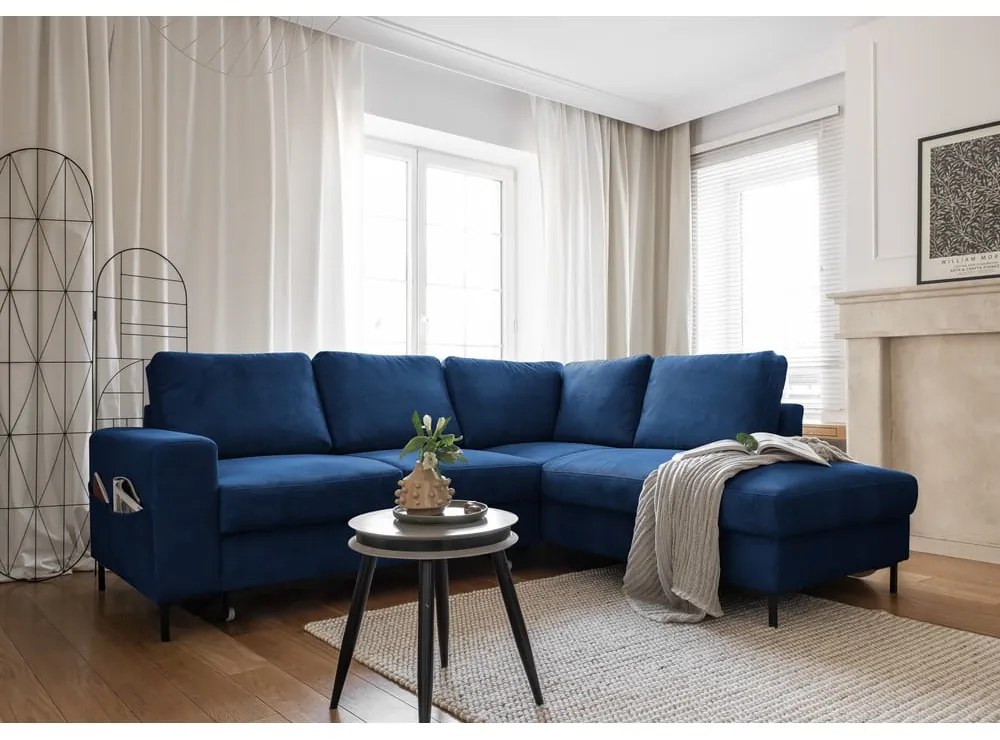 Тъмносин разтегателен ъглов диван от рипсено кадифе (десен ъгъл) Lofty Lilly – Miuform