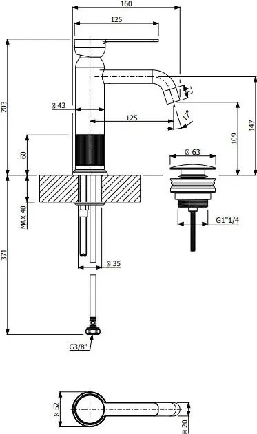 Смесител за умивалник с клапан Clic-Clac Lumiere Vicario-черен-матиран