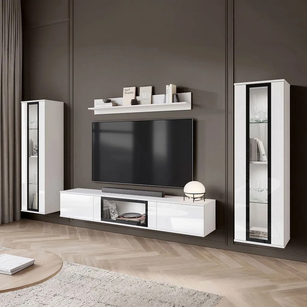 Комплект за Всекидневна Каро-Бял-Бял Лъскав