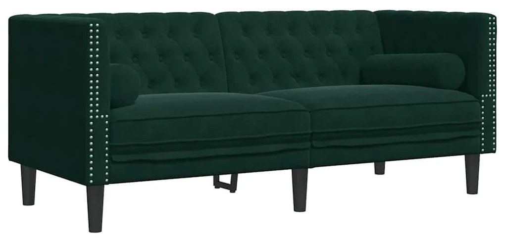 372685 vidaXL Честърфийлд диван с болстери, 2-местен, тъмнозелен, кадифе
