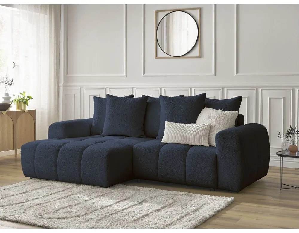 Син сгъваем/с място за съхранение ъглов диван от прежда с примки от букле (ляв ъгъл) Roxelane – Bobochic Paris